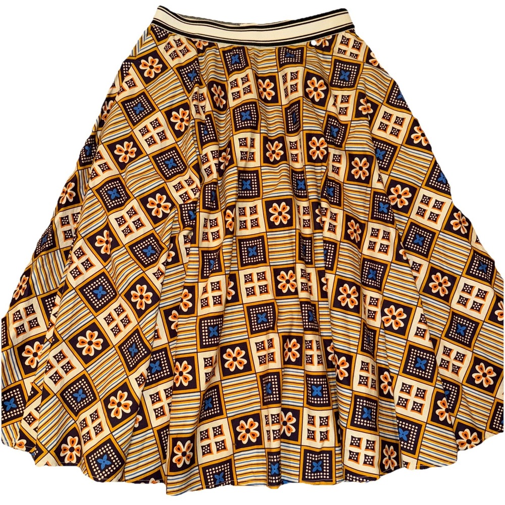 NIU Vintage Brown Flowered‎ Boho Midi Skirt Elastic Waist Festival Small Italy